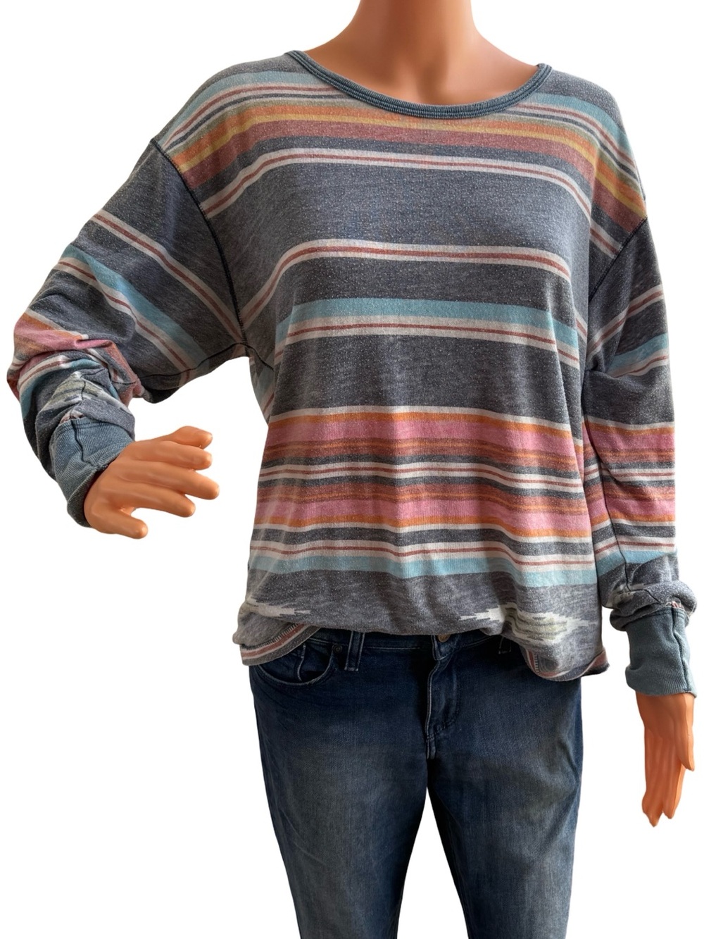 Free People Striped Long-Sleeve T-shirt in Gray with Pink, Blue & Orange Stripes